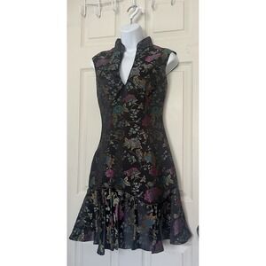 Moda International Floral Brocade Oriental Ruffle Mini Dress Qipao Sz 2 Black